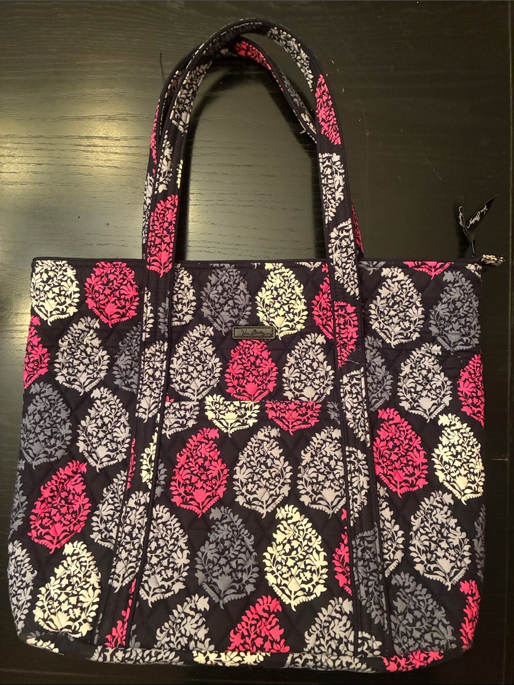 Vera Bradley Quilted Black Tote with Pink & Cream Damask Accents